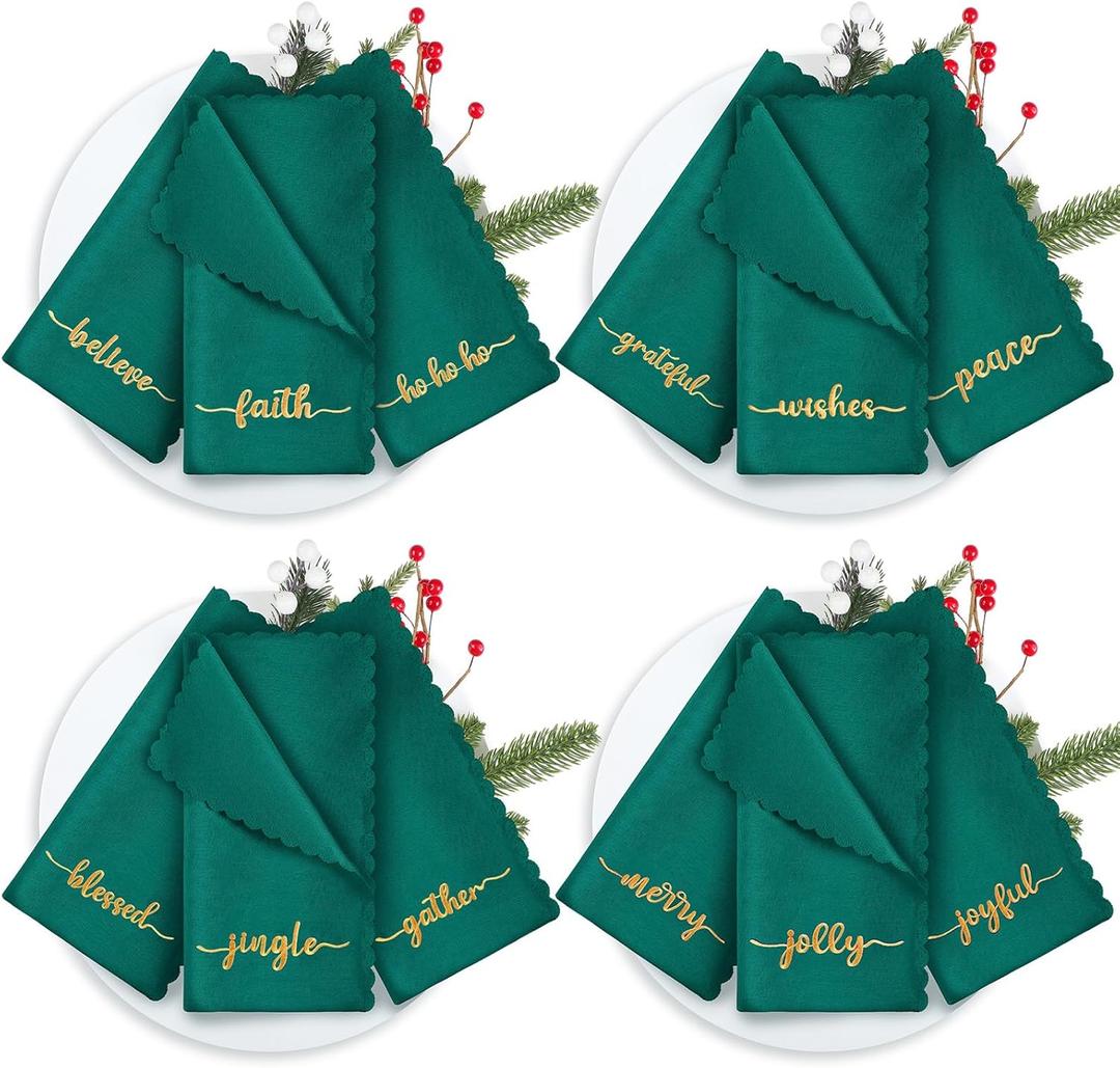 Sliner 12 Pcs Christmas Green Cloth Napkins Set 17 x 17 Inch Embroidered Seasonal Sayings Dinner Fabric Napkins Washable Wishes Grateful Blessed Merry Christmas Napkin for Holiday Kitchen Party