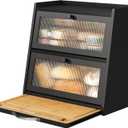 viewcare Bread Box for Kitchen Counter, Black Bread Box With Cutting Board, Bamboo Wood Large Capacity Bread Storage Bin with Acrylic Wavy Door Panel