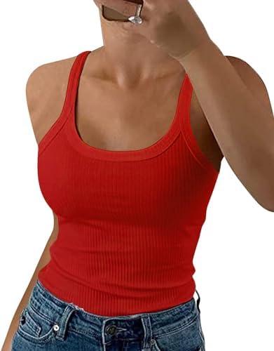 GEMBERA Women Spaghetti Strap Scoop Neck Ribbed Tank Tops Slim Fitted Cotton Camisole Basic Sleeveless Layering Shirts M