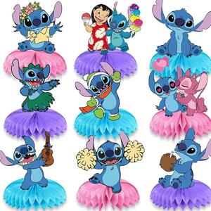 Lilo and Stitch Stitch Birthday Party Supplies, 9pcs Honeycomb Center Decorations, Double-Sided Desktop Decorations, Blue, Purple, Pink, Honeycomb, Cartoon