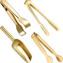 Sieral 4 Pieces Ice Tongs and Scoops Stainless Steel Ice Cube Tong with Teeth Shovel Scoop Buffet Clip Candy Food Kitchen Serving Utensils Set for Cocktail Whiskey Tea Party(Gold)