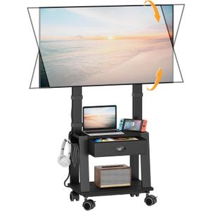 Mobile TV Stand with Drawer for 23-72 Inch TVs, Portable Rolling TV Stand on Wheels with 2 Shelves for Bedroom/Living Room, Holds up to 220 lbs Adjustable Height Tilt Max VESA 600x400mm