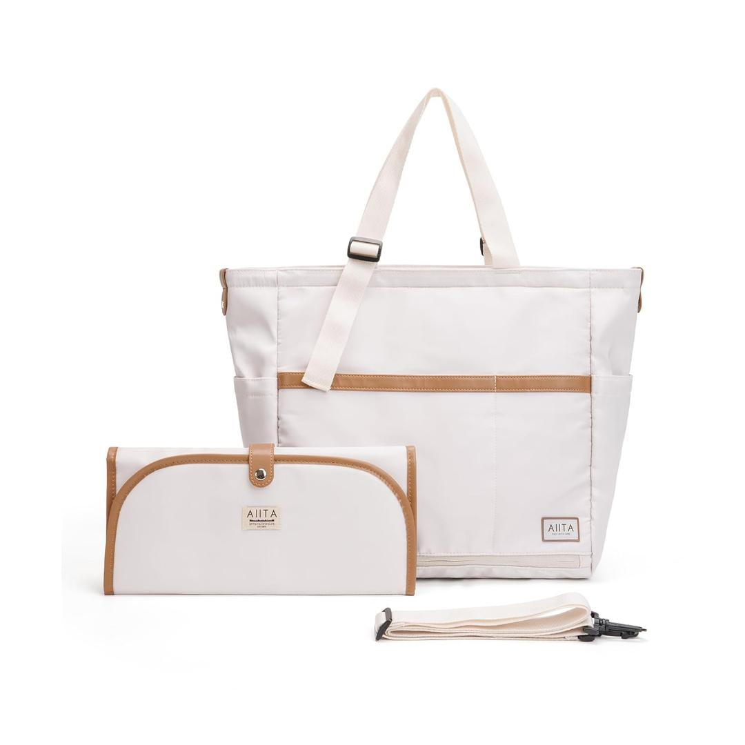 Multifunctional Diaper Tote Bag for Moms Dads, Large Water-Resistant Baby Bag with Insulated Pockets, Foldable Changing Pad, Lightweight Stylish Easy Clean Convertible Bag for Women Men, White