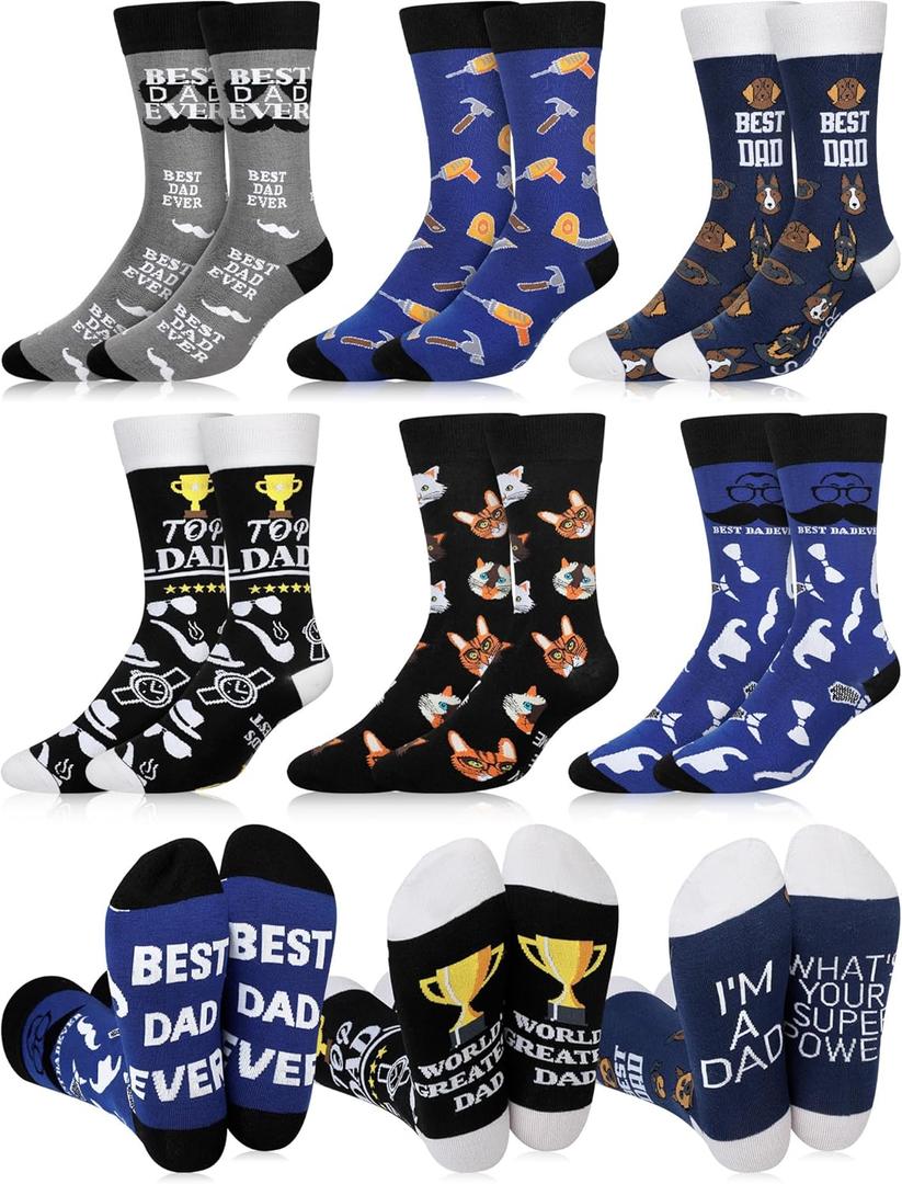 6 Pairs Novelty Socks for Dad Grandpa Best Dad Ever Gifts Funny Cotton Crew Socks for Father's Day Birthday Gifts