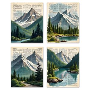 OFJE Vintage Forest Mountain Wall Art Decor Prints Set of 4, Retro Nature Landscape Wall Art Posters Decor for Home Bedroom Living Room, 8x10 Unframed
