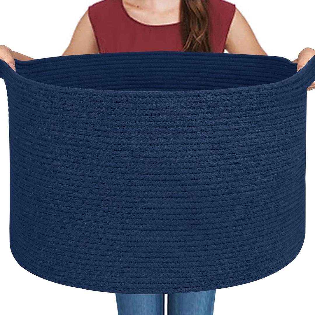 Dark Blue Basket for Organizing, 22" x 14" Extra Large Woven Cotton Rope Laundry Basket, Blanket Storage for Living Room Bedroom, Big Nursery Kids Toy Box Organizer, Pool Towel Storage Bin