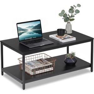  2-Tier Coffee Table with Storage Shelf for Small Apartment Living Room, Rectangle Wood and Stable Metal TV Stand Side End Table, Black