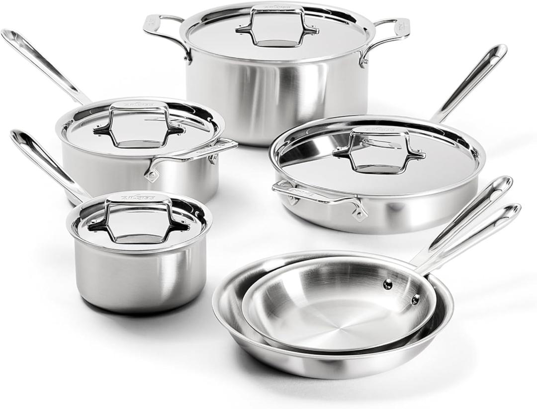 All-Clad D5 Brushed 5 Ply Stainless Steel Cookware Set 10 Piece w/ Frying Pans, Pots and Pans Set, Induction, Oven Broiler Safe 600F, Silver