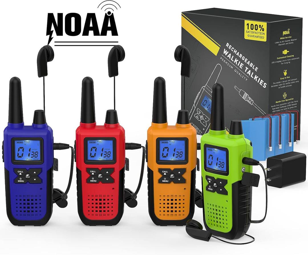 Topsung Walkie Talkies for Adults Long Range Rechargeable with Earpiece NOAA Weather Alert, Multi-purpose 2 Way Radio 4 Pack for Team Work Senior Care Kid Adventure Family Camping Hiking Skiing Cruise