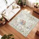 5x5 Living Room Area Rug Washable: Floral Non-Slip Mats for Indoor Floor Entryway Dining Room Bedroom - Soft Thin Carpet for Vintage Neutral Home Decor (5ft Square, Beige)