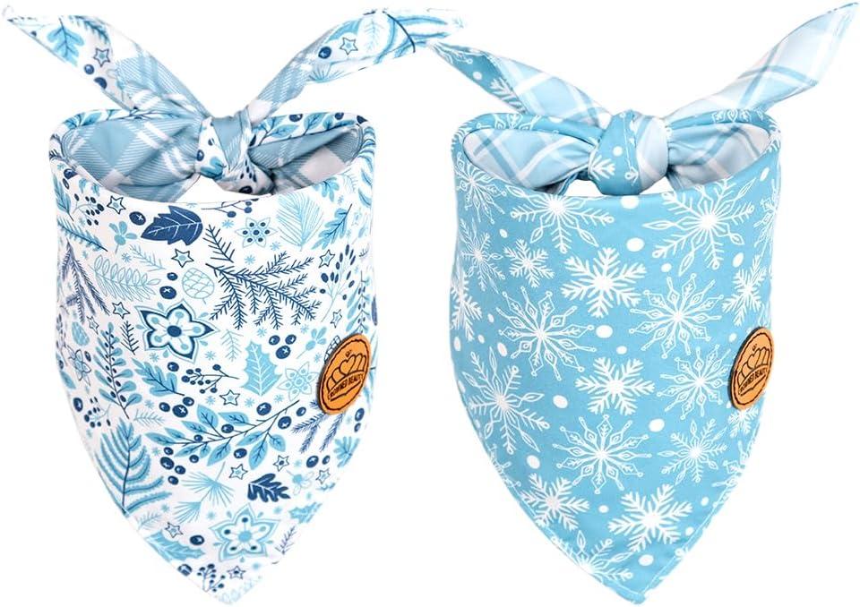 CROWNED BEAUTY Winter Dog Bandanas Reversible Small 2 Pack, Frost Paws Set, Blue Plaid Adjustable Triangle Snowflakes Holiday Scarves for Dogs Cats Boy Girl Pets DB146-S