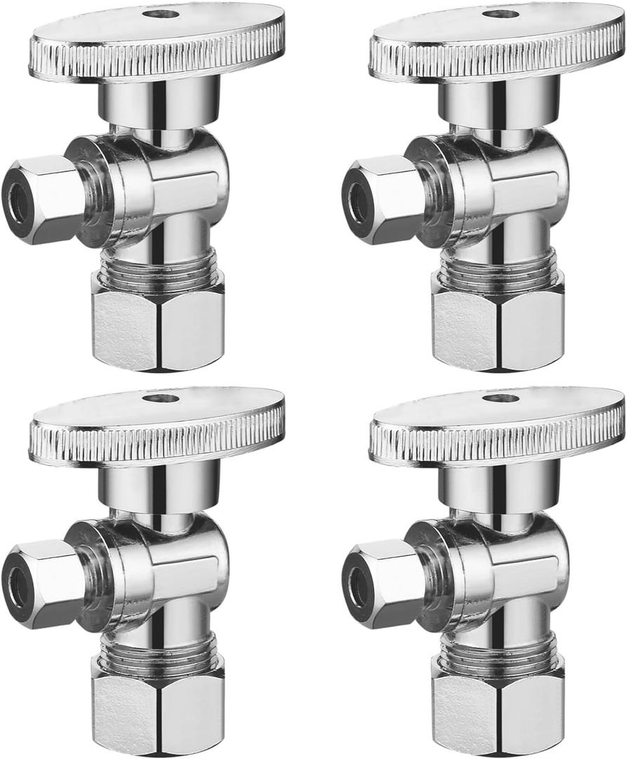 (4 Pack) BH Angle Stop Valve 1/2" Nominal Comp x 3/8" OD Comp, Quarter Turn Angle Stop Valve, Chrome Plated Brass, for Bathroom Toilet Kitchen Shower Plumbing