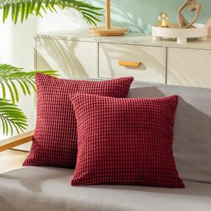 CaliTime Throw Pillow Covers Pack of 2 Comfy Corduroy Corn Striped Waffle Decorative Cushion Cases for Couch Sofa Bed Farmhouse 16 X 16 Inches Burgundy