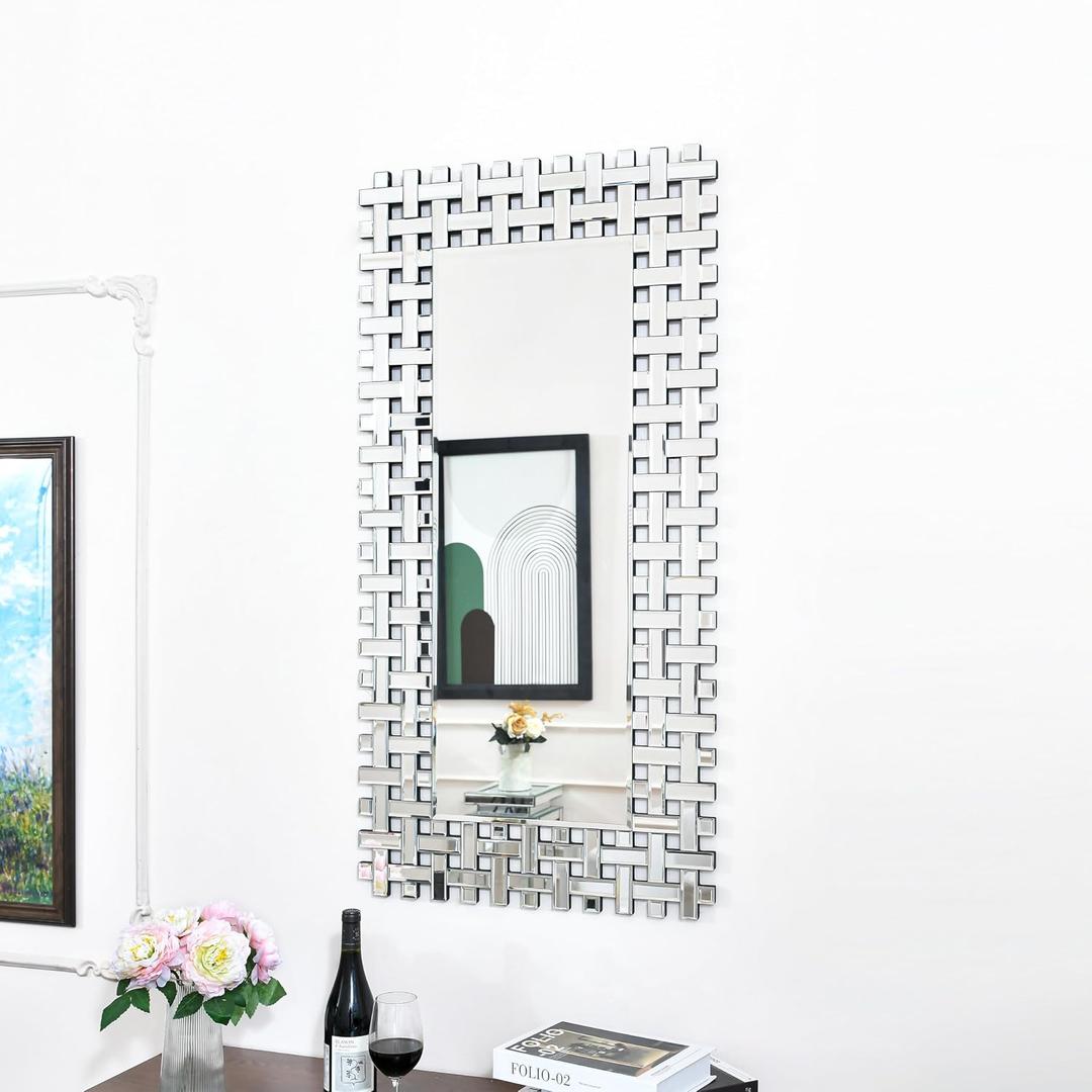 KOHROS Wall Mirror Decorative 48"x24" Silver Frameless Fence Mesh Border Design Mirror for Wall Decor for Bathroom, Living Room, Entryway