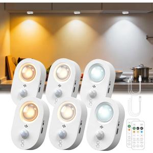LOHAS 6-Pack Rechargeable Motion Sensor LED Puck Lights, Stick-On Wireless Magnetic Night Lights with Remote, Adjustable Brightness, Dimmable Under Counter Lights for Drawer, Kitchen, Bedroom, White