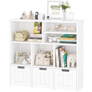 Kids Bookcase Toy Organizer - White/Pink Storage Cabinet with 3 Movable Drawers, Hidden Wheels | Multi-Purpose Nursery & Playroom Furniture, White