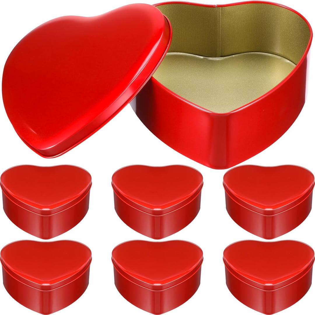 Blulu 6 Pcs Valentine's Day Heart Shaped Metal Tins with Lids 4.72" x 4.33" Valentine Candy Boxes Biscuits Jar Empty Jar Heart Metal Container for Valentines Gift Party Favors (Red)