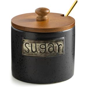 LYEOBOH Ceramic Sugar Bowl with Lid and Spoon, 15 Oz Farmhouse Sugar Container Holder for Coffee Bar Accessories, Food Storage Containers - Modern Kitchen Decor Housewarming Gift, Black
