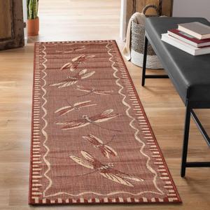 Liora Manne Carmel Indoor/Outdoor Power Loomed Synthetic Blend Low Profile Area Rug - Transitional Border Garden Nature Decorative (Dragonfly Chili) (1'11" x 4'11") (1'11" x 4'11" (Runner))