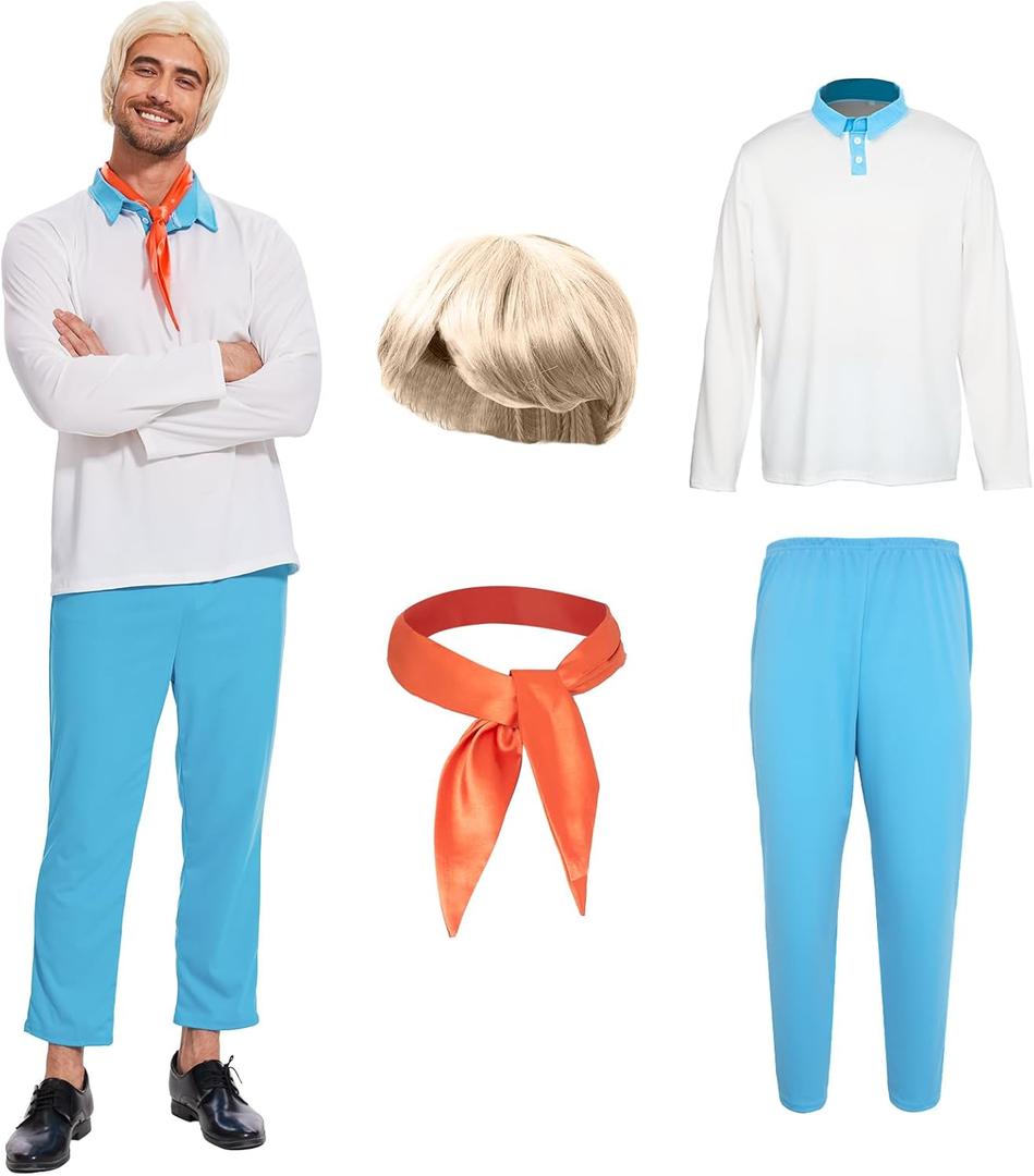 Gumyawl Adult Halloween Costume Men Classic Movie Set Long Sleeve Shirt with Blonde Wig Orange Scarf and Trousers for Cosplay (X-Large)