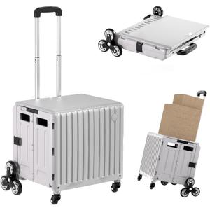 Stair Climbing Cart with Wheels: Collapsible Rolling Cart for Teachers School Supplies Books Art Projects Grocery Trade Shows & Stairs Foldable Utility Organizer with Lid Crate Basket Shelves (Large-Climber Wheels, Gray)