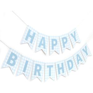 Blue Gingham Happy Birthday Banner - Blue Gingham First Paty Decoration,Happy 1st Birthday Banner