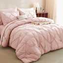 CozyLux Queen Comforter Set Peach Pink, 7 Pieces Pintuck Bed in A Bag, Premium Pink Comforter Queen Size, Pinch Pleat Bedding Sets with Comforter, Sheets, Pillowcases & Shams