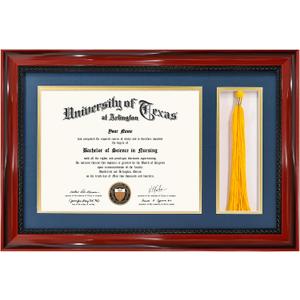 GMFrames Solid Wood Diploma Frame with Tassel Holder for 8.5x11 Certificate with Navy over Gold Mat,Cherry Finish with Intricate Black Rope Detail,UV Protection Acrylic, 11x17 for 8.5x11 with Tassel