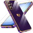 LeYi for Samsung Galaxy A17-5G Case: with Tempered Glass Screen Protector [2 Pcs]+ Full Camera Lens Protection,Love Heart Plating Girly Cute Luxury Soft TPU Shockproof Case for A17 5G,Dark Purple