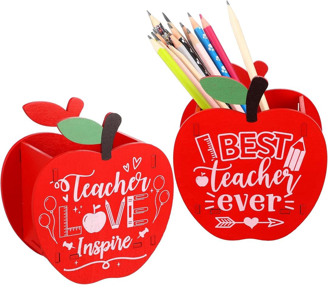 Fuutreo 2 Pack Back to School Teacher Appreciation Gifts Thank You Gifts for Best Teacher Table Centerpieces Decorations Apple Wooden Pencil Holder for First Day School New Years Classroom(Cute)