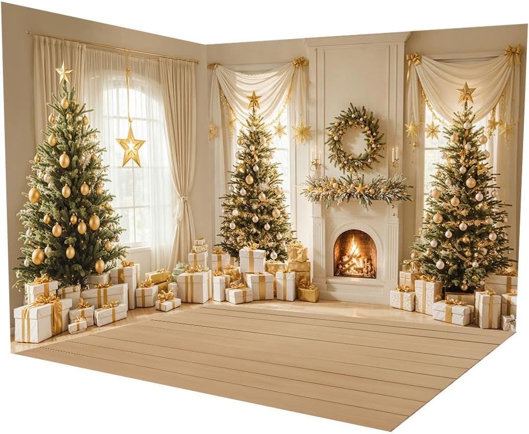 Kate Christmas Trees Backdrop Fireplace Window Curtain Gift Boxes with Wooden Floor Xmas Room Set 3 Pieces Backdrops 8x8ft&10x8ft&10x8ft