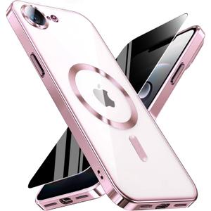 Magnetic for iPhone 17e/16e Case with Privacy Screen Protector & Full Camera Cover,[Non-Yellowing] Plating Glossy Soft Shockproof Clear Phone Case with MagSafe Women Girls for iphone 16 e/ 17 e,Pink