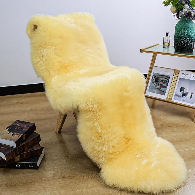 Fluffy Genuine Sheepskin Rug, Fuzzy Shaggy Fur Area Rug, Soft Fur Prayer Pup Mat Carpet, Chair Sofa Seat Cover, Bedroom, Living Room Double Pelts (Light Brown, 2x6ft)