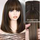 FANCEE Highlight Layered Wigs with Bangs 14 Inch Short Mixed Brown Glueless Ready-to-Go Straight Synthetic Bob Wigs for Women Realistic Scalp Daily Cosplay Use