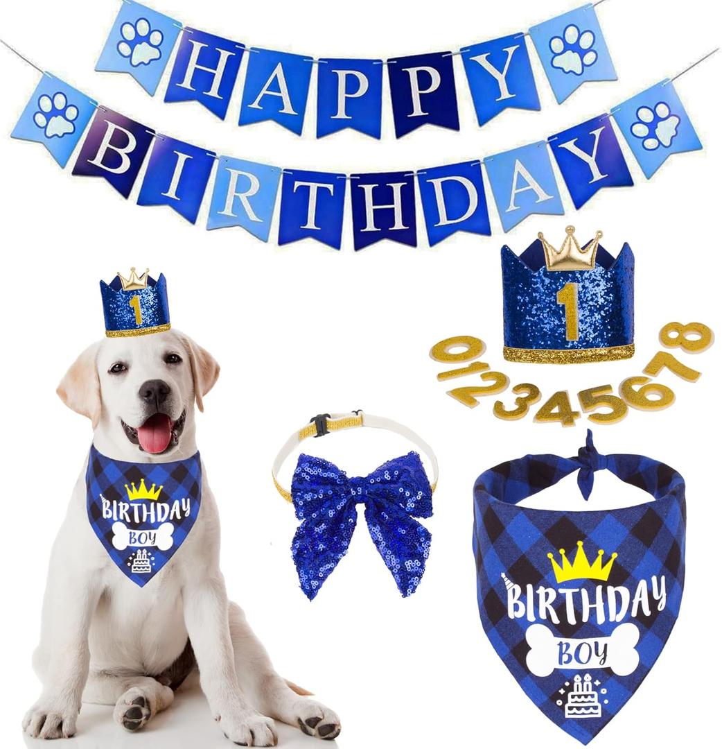 ADOGGYGO Dog Birthday Hat Bandana - Navy Blue Birthday Boy Dog Bandana Pet Party Hat with Numbers Bow and Happy Birthday Banner Set (Large)