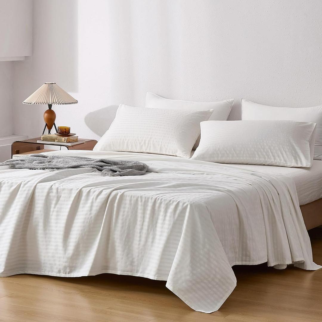 JELLYMONI 100% Cotton Bed Sheets Set  Satin Stripe, Queen Size, Soft Bedding with Deep Pocket Fitted Sheet, Flat Sheet & Pillowcases (0802)
