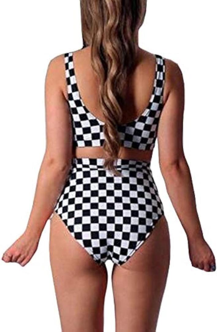 Women Rave Checkered Crop Top High Waisted Shorts Checkerboard Swimsuits for Dance Music Festival (X-Large, Black White)