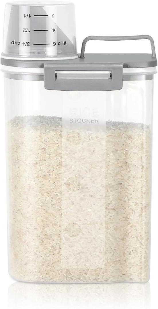 TBMax Rice Storage container 4 Lbs, Small Rice Dispenser with Measuring Cup, Cereal Containers Flour Bin, Kitchen Food Storage Container and Pantry Organizers, Pet Dog Cat Food Dispenser (Grey)
