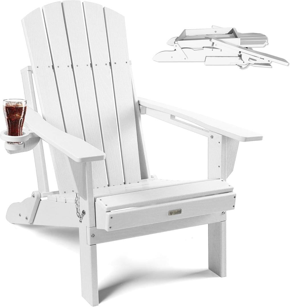 Folding Adirondack Chair with Wood Texture, HDPE All-Weather Fire Pit Chairs, Plastic Adirondack Chairs with 2 Cup Holder, Outdoor Lawn Chair for Patio Garden (Teak)