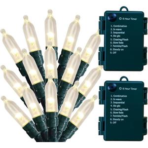 Christmas Lights - Battery Operated 50 LED Mini String Lights With 8 Modes and Timer for Xmas Tree, Wreath, Party, Indoor Outdoor Decor - Waterproof, Warm White (2 Pack)