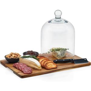 Libbey 4-Piece Acaciawood Cheese Board Set, Round Charcuterie Board with Glass Dome, Knife and Bowls, Charcuterie Boards Gift for Weddings, Parties