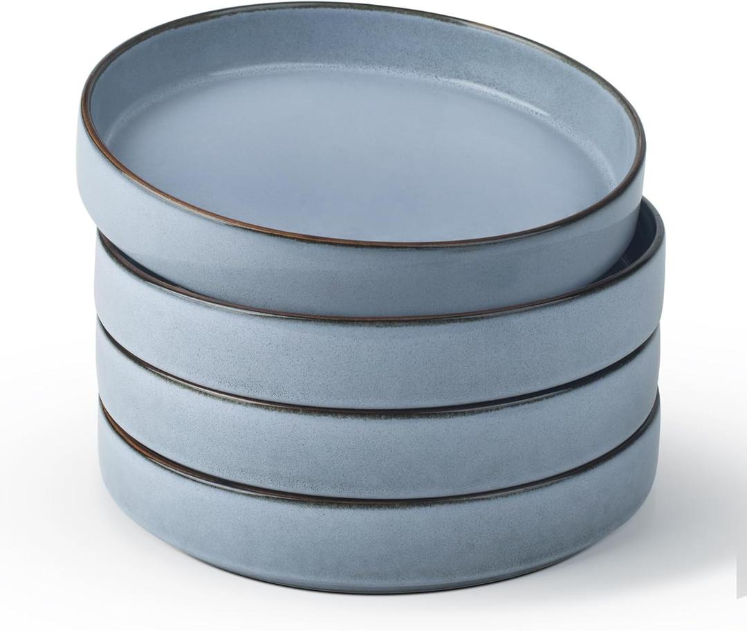 famiware Annecy Pasta Bowls Set of 4, 24 oz Salad Bowl Plates, Stoneware Dinnerware/Dishware/Plateware Set for Serving, Dining, Noodles - Microwave & Dishwasher Safe, Reactive Glaze, Reactive Blue
