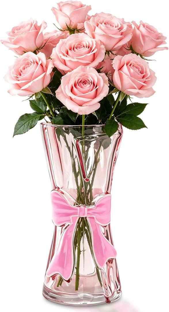 Bow Vase - Pink Glass Vase Cute Bow Decor, Unique Cute Decorative Bouquet Flower Pot Aesthetics for Living Room Home Table Centerpieces Shelf Modern Decor