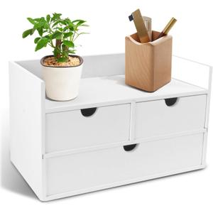 Charmewooden Desk Organizer with Drawers Countertop Drawer Organizer Drawers for Desk Top Home Office Workspace Bathroom Toiletries Supplies (White with shelf)