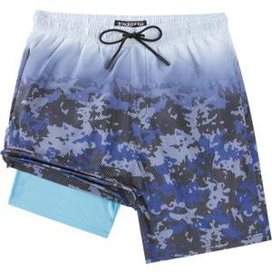 Men's Swim Trunks with Compresssion Liner 7" Swimwear Board Shorts 2-in-1 Bathing Suits with Zipper Pockets (Blue, M)
