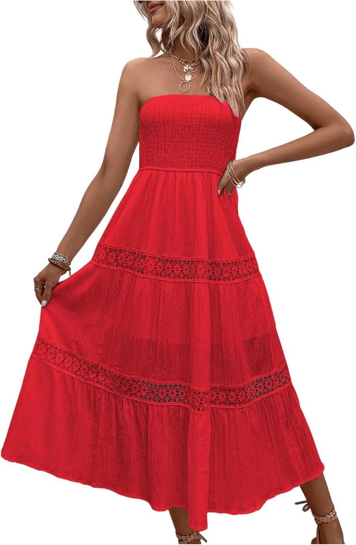 Floerns Women's Boho Tube Top Strapless Flowy Midi Dress Sleeveless Ruffle Hem Vacation Dresses (Medium, Red)