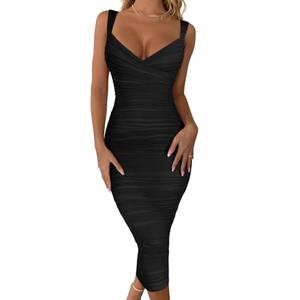BEAGIMEG Women's Sexy Bodycon Sleeveless Ruched Mesh Club Party Midi Dress Black, M