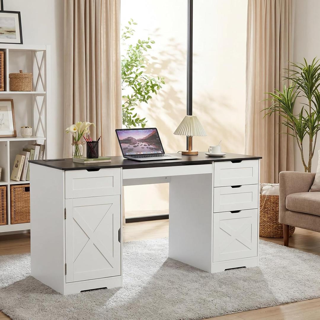 59 Inch Office Desk with 4 Drawers, Farmhouse Home Office Desk with Charging Station & Keyboard Tray, Wooden Computer Desk with Adjustable Shelves for Home Office & Studio, White + Black Tabletop | Keyboard Tray, Adjustable Shelves, 400 Lb Load Capacity, 2 AC Outlets & 2 USB Ports, Overload Protection