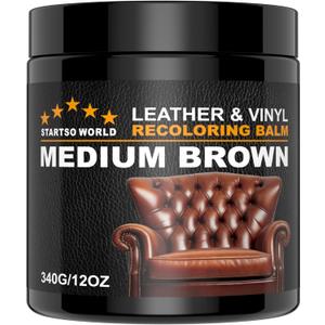 STARTSO WORLD Leather Recoloring Balm 12oz, Repair Kit for Furniture, Dye, Color Restorer for Couches - Repair, Faded Leather - Medium Brown