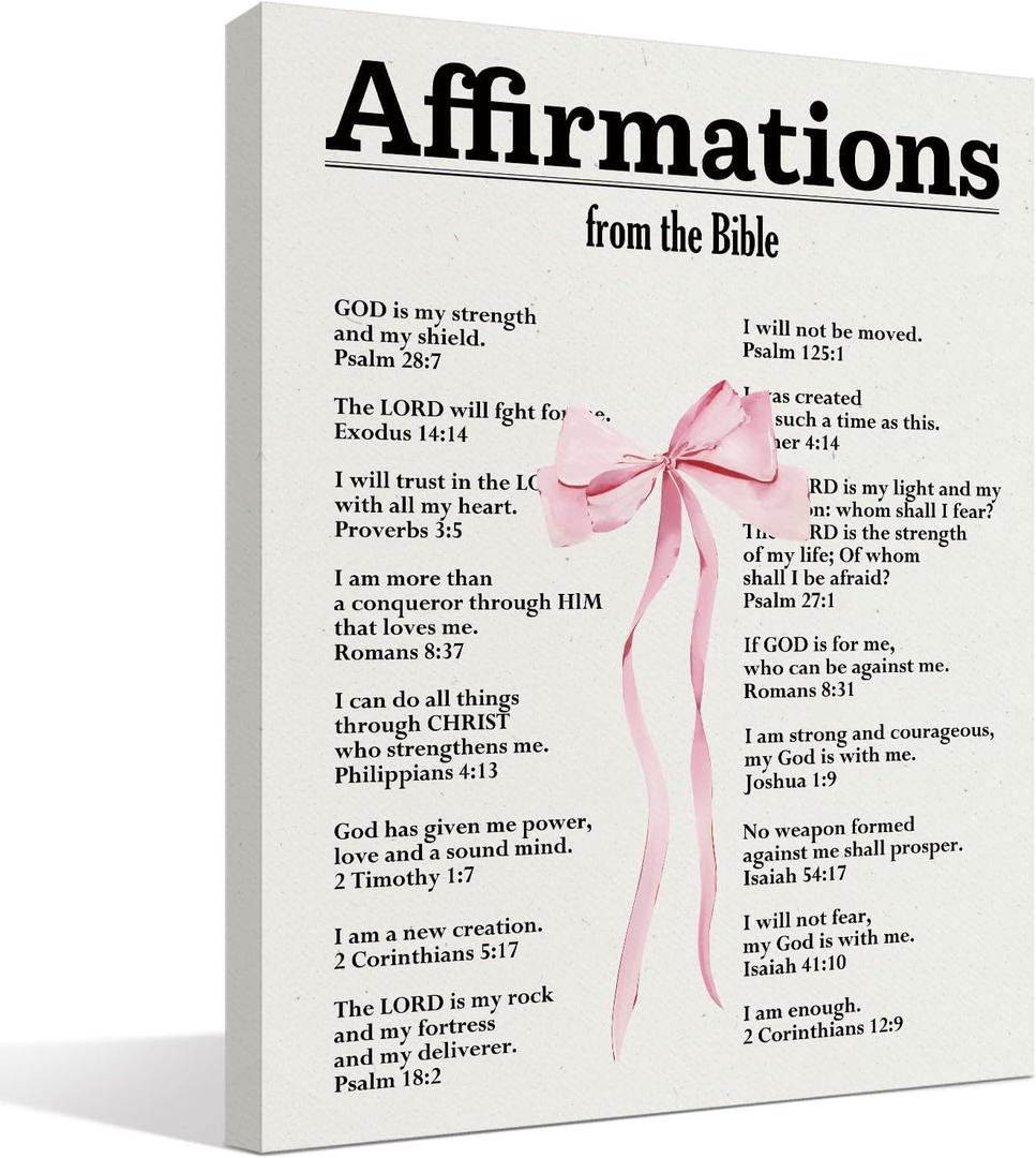 DSHFG Coquette Pink Bow Christian Canvas Wall Art Decor, Bow Bathroom Bedroom Decor for Teen Girls Room College Dorm, Bible Verse Wall Hanging Prints Framed, 14x11 Inch